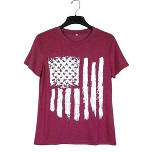 LUKYCILD Womens Top Size S Red Distressed American Flag Print Graphic T-Shirt